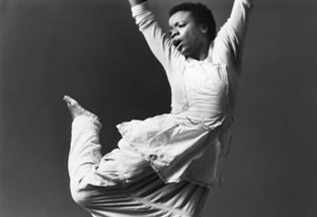 Archival black and white photograph of Blondell Cummings dancing.